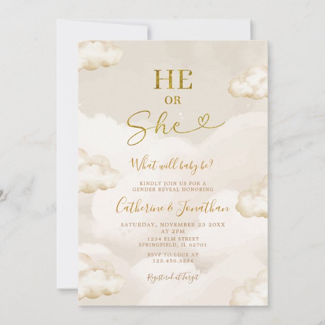 Invitation He Or She Boho Beige Clouds Gold Gender Reveal (Devant)