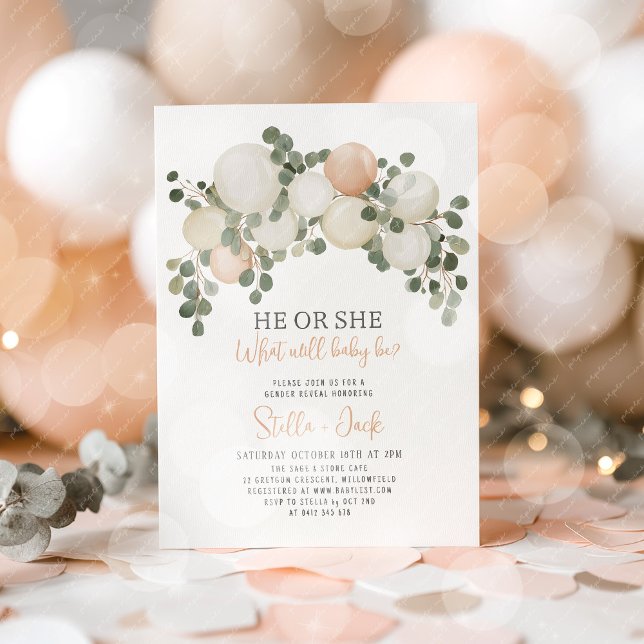 Invitation He or She Greenery Balloon Garland Gender Reveal  (He or She Gender Reveal Invitation )