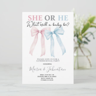 Invitation He or She Pink Blue Bow Baby Gender Reveal