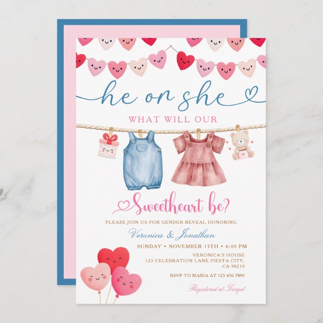 Invitation He or She Valentine Gender Reveal Clothesline  (Devant / Derrière)