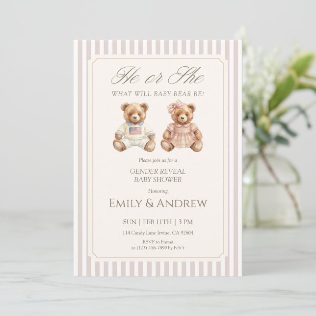 Invitation He or She What Will Baby Bear Be Gender Reveal (Debout devant)
