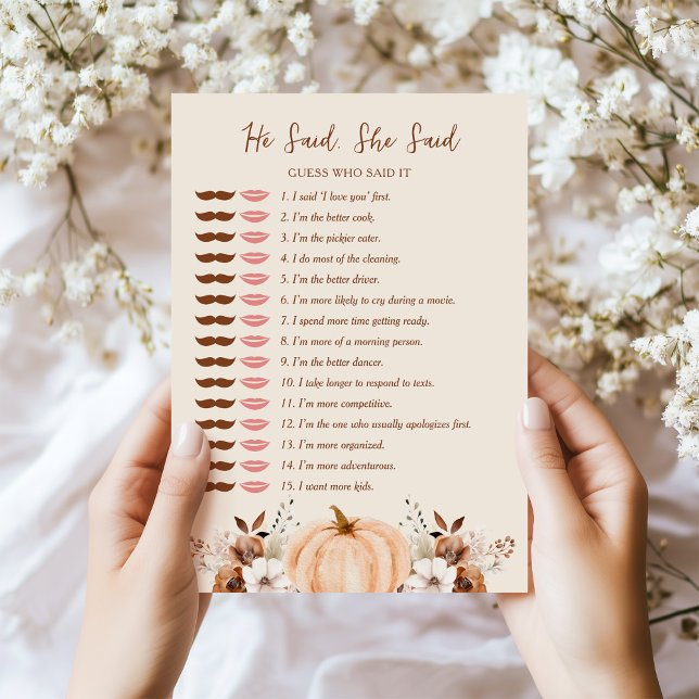 Invitation He Said She Said Fall Bridal Shower Game Card (Créateur téléchargé)