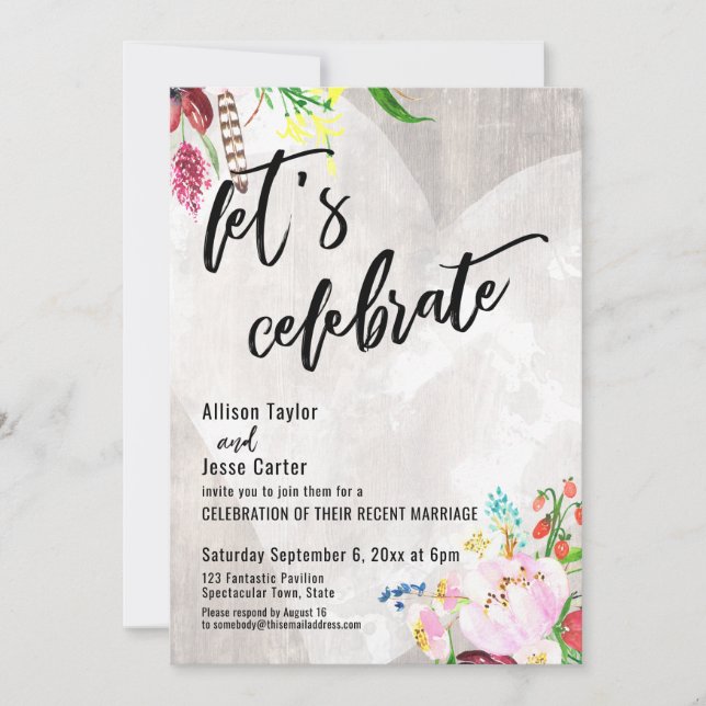 Invitation Heart Boho Floral Bois rustique Célébrons (Devant)