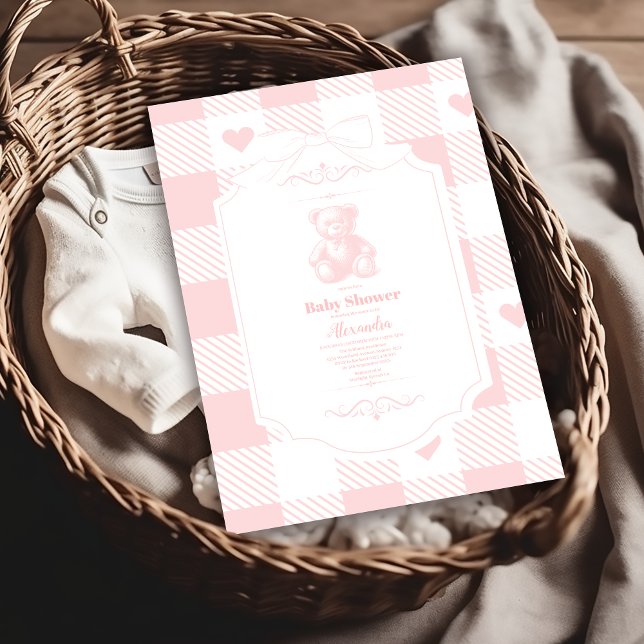 Invitation Heart Bow En vichy French Teddy Bear Baby shower (Créateur téléchargé)