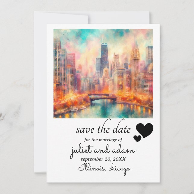 Invitation Heart chicago mariage skyline enregistrer la date (Devant)