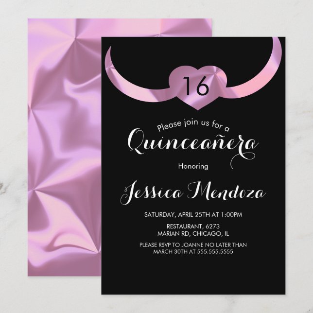 Invitation Heart Crown Quinceañera Sweet 16 Pink Foil (Devant / Derrière)