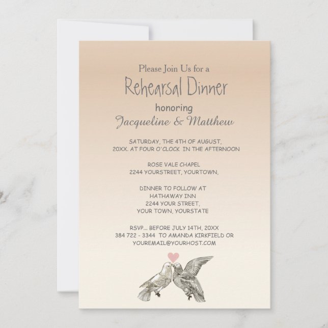 Invitation Heart Doves Rose Rose Floral Rehearer Dîner (Devant)