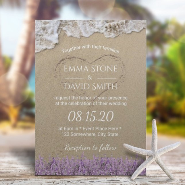 Invitation Heart in the Sand Lavender Floral Beach Wedding (Créateur téléchargé)