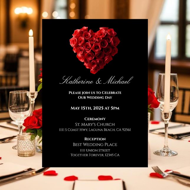 Invitation Heart Shaped Red Roses- (Wedding Invitation Red Roses in the Shape of a Heart- Black White and Red)