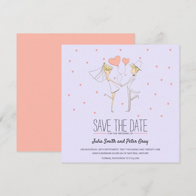 Invitation Hearts Love Mariée et Groom Cartoon Enregistrer la (Devant / Derrière)