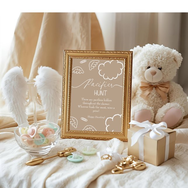 Invitation Heavenly baby shower beige Pacifier Hunt game (Heavenly baby shower beige Pacifier Hunt game)