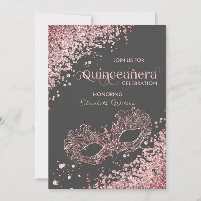 Invitation Hébergement en diamant Masquerade Quinceañera or r (Devant)