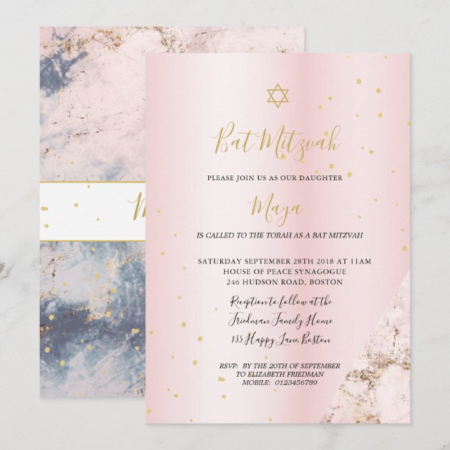 Invitation hébraïque Bat mitzvah juif rose or rose (Devant / Derrière)