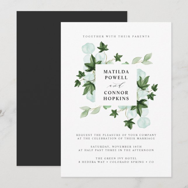 Invitation Hedera | Green Ivy Grey Mariage botanique (Devant / Derrière)
