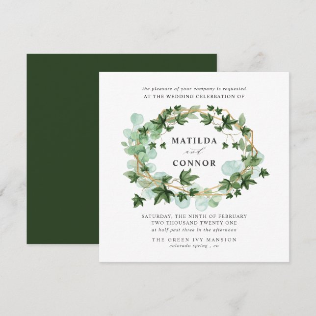 Invitation Hedera | Mariage botanique du cadre d'ivoire de fo (Devant / Derrière)