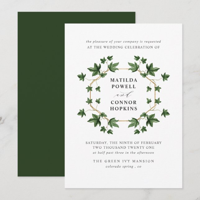 Invitation Hedera | Mariage géométrique Botanique Ivy Forest (Devant / Derrière)