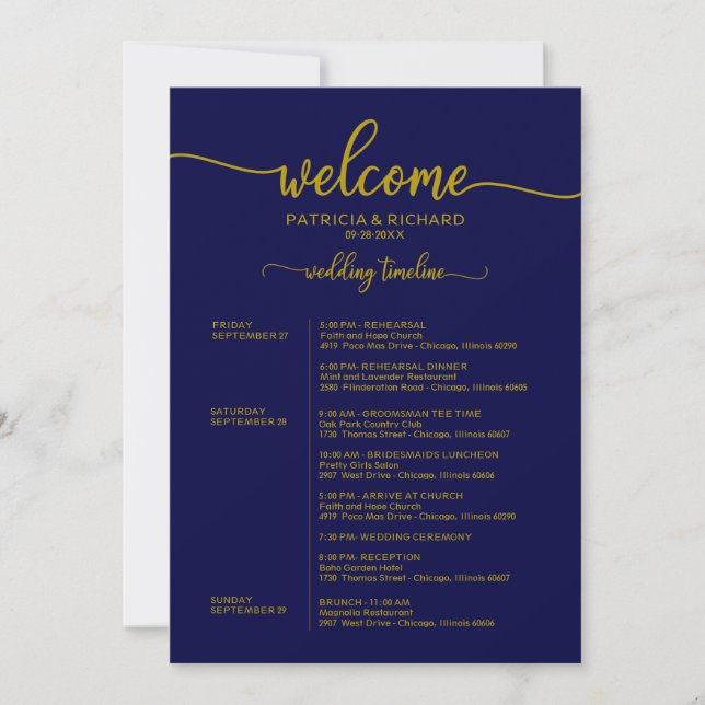 Invitation Heekend Mariage Horaire Elegant Gold Navy Blue (Devant)