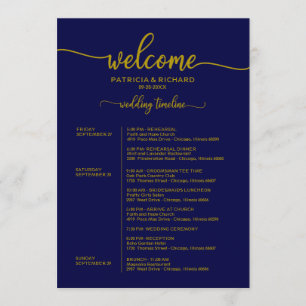 Invitation Heekend Mariage Horaire Elegant Gold Navy Blue