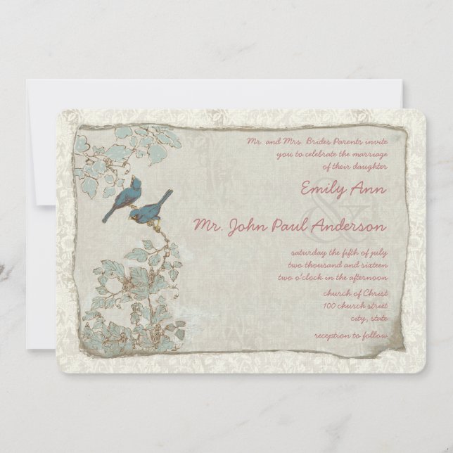 Invitation Heirloom Turquoise Birds Mariage damassé Invitatio (Devant)