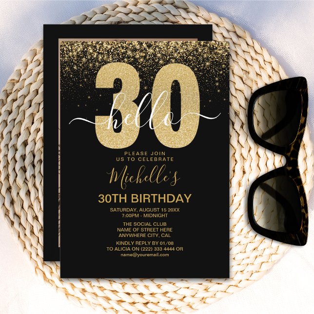 Invitation Hello 30! modern 30th birthday with gold glitter (Créateur téléchargé)