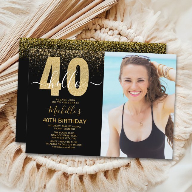 Invitation Hello 40 years - Golden glitter  with photo  (Créateur téléchargé)