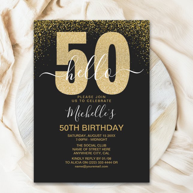 Invitation Hello 50! modern 50th birthday with gold glitter (Créateur téléchargé)