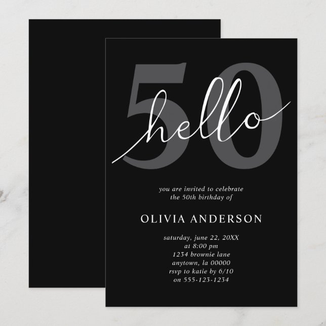 Invitation Hello 50 | Modern Chic Black 50th Birthday Party (Devant / Derrière)