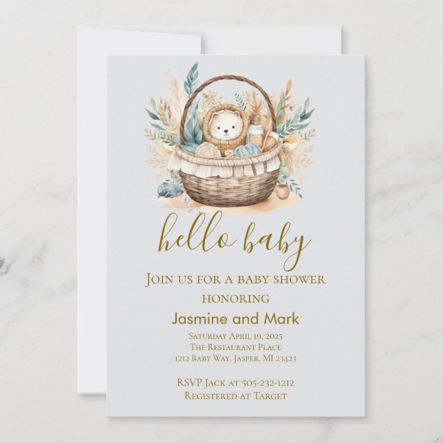 Invitation Hello Baby Boho Neutral Bear Basket (Devant)