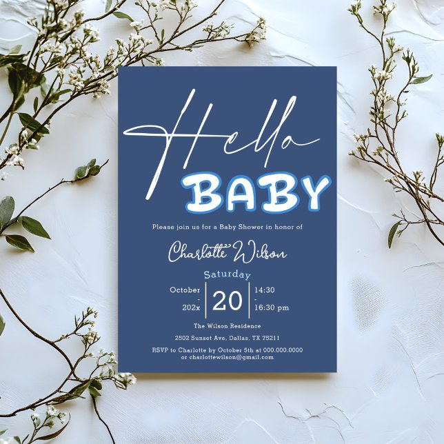 Invitation Hello Baby Elegant Baby shower bleu foncé (Créateur téléchargé)