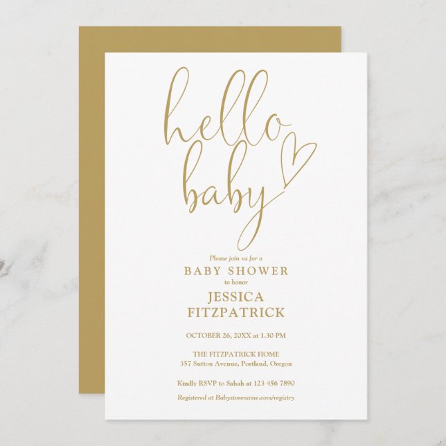 Invitation Hello Baby Gold Heart Baby shower de script (Devant / Derrière)