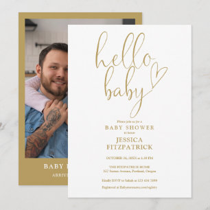 Invitation Hello Baby Gold Script Baby shower de photos Coeur