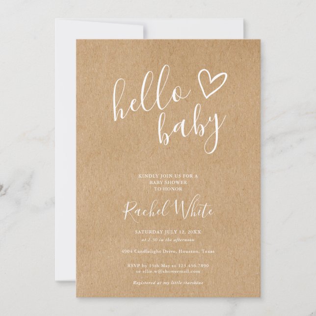 Invitation Hello Baby Shower Gender Neutral Rustic Kraft (Devant)