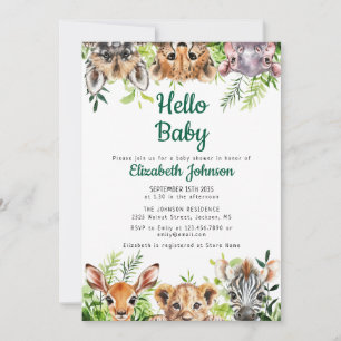 Invitation Hello Baby Watercolor Safari Animaux Baby shower