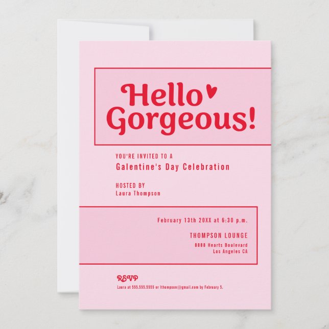 Invitation Hello Gorgeous Galentine’s Day Pink Red playful (Devant)