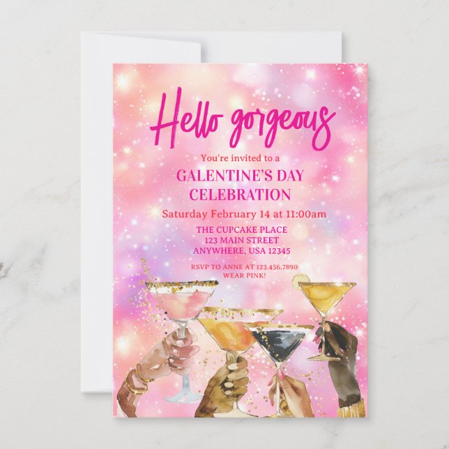 Invitation Hello Gorgeous Galentine's Day Glitter Pink (Devant)