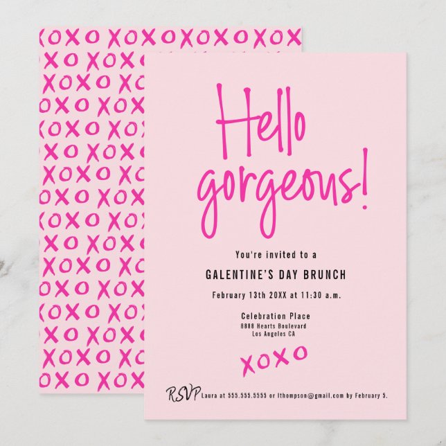 Invitation Hello Gorgeous XOXO Pink Galentine’s Day Brunch  (Devant / Derrière)