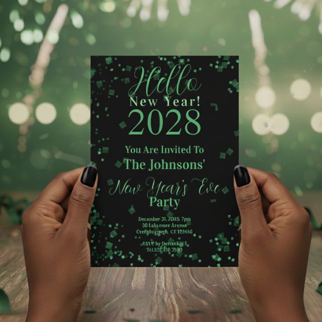 Invitation Hello New Year! New Year's Eve Green Black Sparkle (Créateur téléchargé)