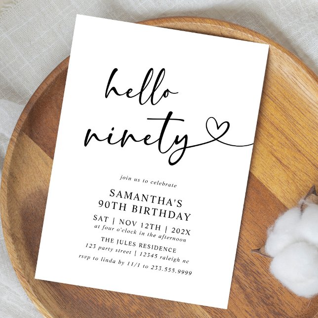 Invitation Hello Ninety Black and White 90th Birthday Party (Créateur téléchargé)