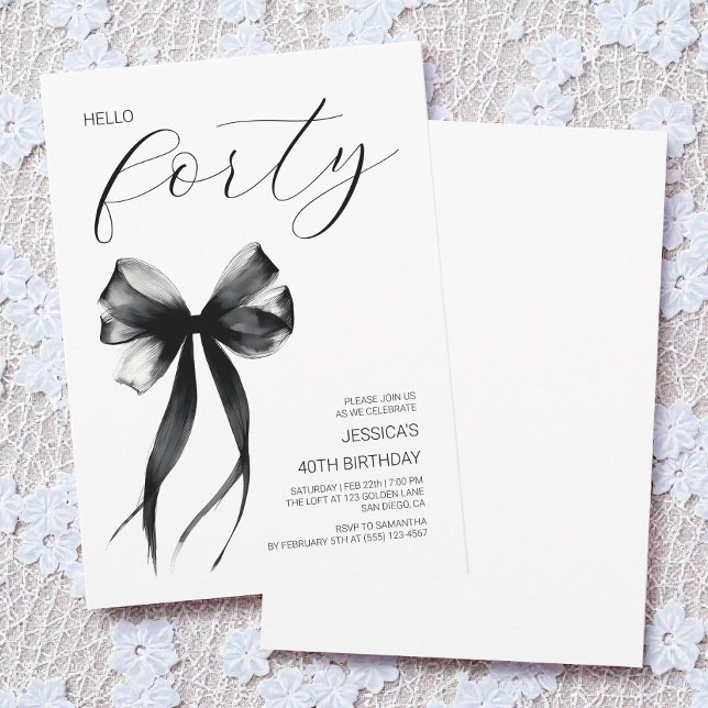 Invitation Hello Quarty Black Bow Elegant 40e fête d'annivers (Hello Forty Black Bow Elegant 40th Birthday Party Invitation)