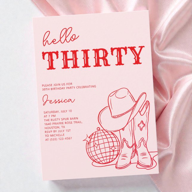 Invitation Hello Thirty Pink Western 30th Birthday Party (Hello Thirty Pink Western 30th Birthday Party Invitation)