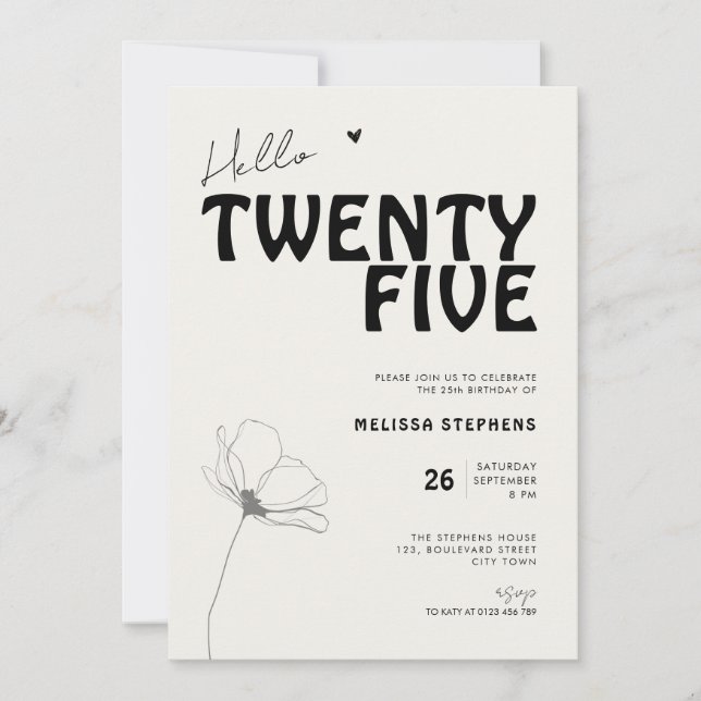 Invitation Hello Twenty Five Bold Typography 25th Birthday (Devant)