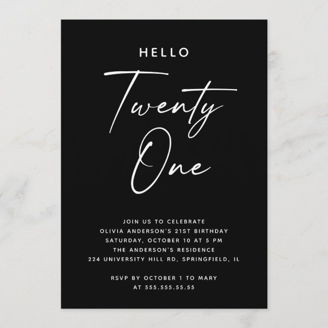 Invitation Hello Twenty One | Black Minimalist 21st Birthday (Devant)