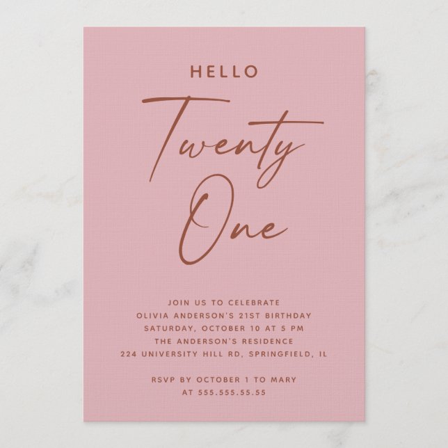 Invitation Hello Twenty One | Dusty Rose Pink 21st Birthday (Devant)