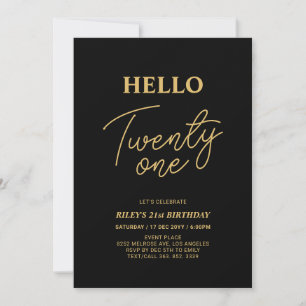 Invitation Hello Twenty one Gold & Black 21e fête d'anniversa