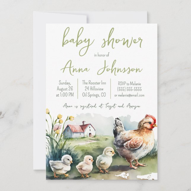 Invitation Hen de ferme d'aquarelle avec Baby shower de poule (Devant)