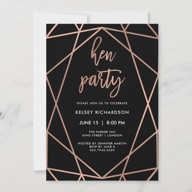 Invitation Hen Party | Faux Rose Gold Géométrique sur Noir (Devant)