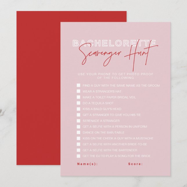 Invitation HENLEY Pink Red Bachelorette Chasse au trésor cart (Devant / Derrière)