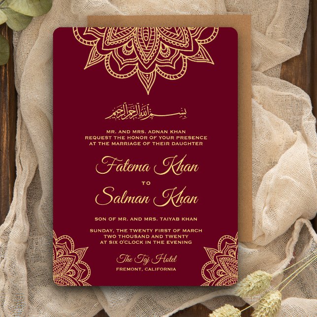 Invitation Henné de Bourgogne d'or Mehndi Mariage islamique (Créateur téléchargé)