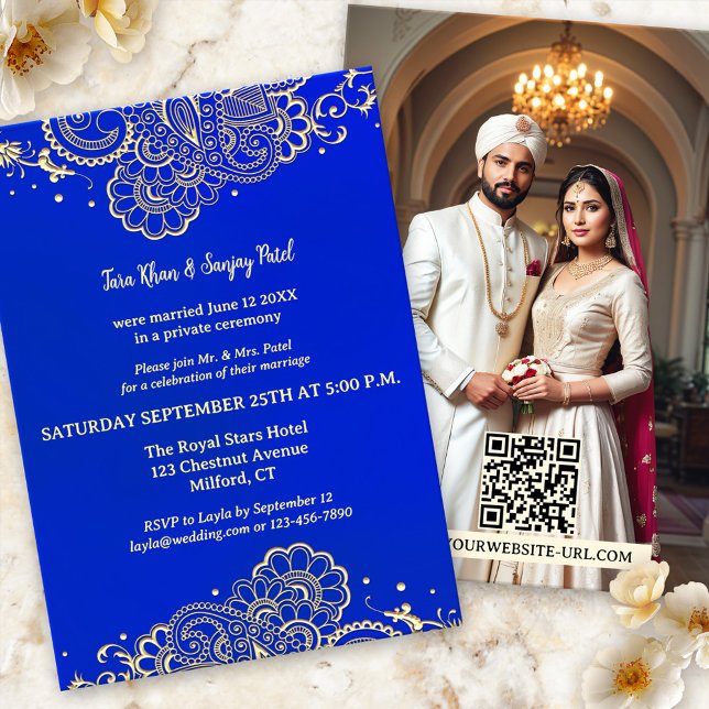 Invitation Henné d'or bleu Indigo après (Wedding reception only, post or after wedding invitation featuring gold stylized henna on royal blue)