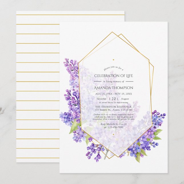 Invitation Herbarium géométrique violet Célébration de la vie (Devant / Derrière)